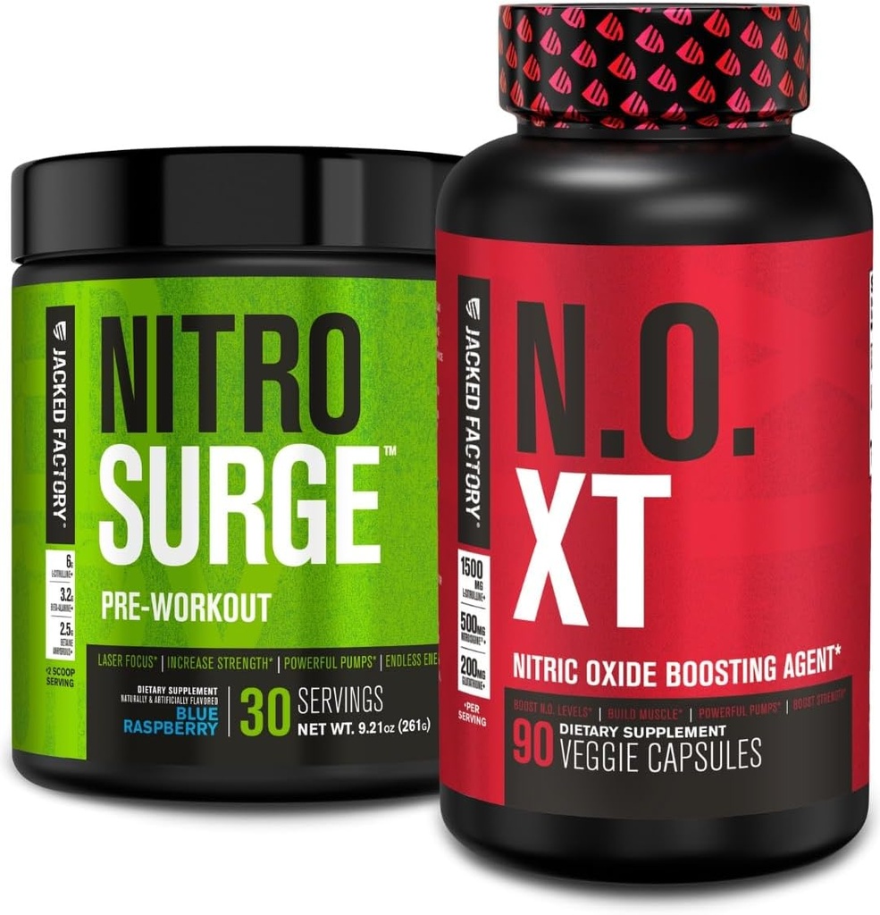 Jacked Factory Nitrosurge Pre-Workout in Blue Raspberry & N.O. XT Nitric Oxide Booster for Men & Women 2