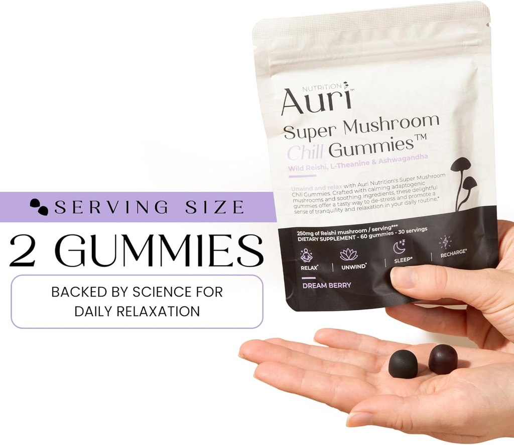 Auri Super Mushroom Chill Gummies - Natural Calming Aid & Stress Reduction Supplement for Adults w/Reishi Mushroom, Ashwagandha, L-Theanine - Unwind Mind & Harmonize Your Day - 60 Calm Gummies 3
