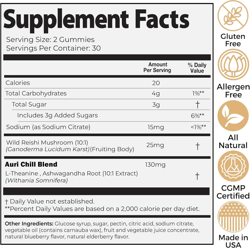 Auri Super Mushroom Chill Gummies - Natural Calming Aid & Stress Reduction Supplement for Adults w/Reishi Mushroom, Ashwagandha, L-Theanine - Unwind Mind & Harmonize Your Day - 60 Calm Gummies 6