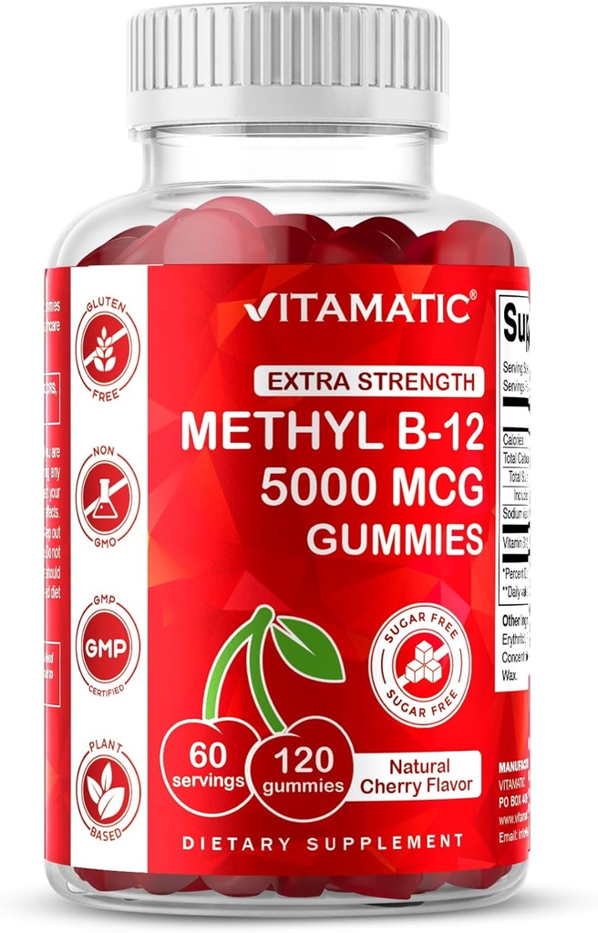 Vitamatic Extra Strength Vitamin B12 5000 mcg (Methyl B12) Gummies - 120 Count - Energy Metabolism Support and Nervous System Health Support, Natural Cherry Flavored (1) 2