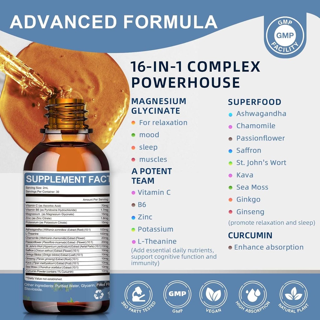 Magnesium Glycinate Liquid Drop - Triple Absorption Supplement to Support Nerves, Sleep, Calm, Heart, Muscles * -Sugar-Free with Potassium, L-Theanine, Sea Moss，Vitamin B,C,D3, K2-1Pack 3