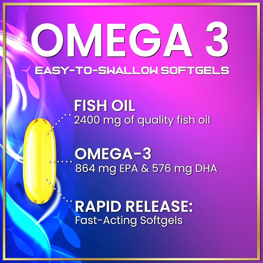 Omega 3 Fish Oil Supplements 2400mg - Triple Strength Omega 3 Fatty Acids, Natural Heart Health Brain & Joint Support - Fatty Acids with EPA & DHA - Wild Caught Fish Oil Supplement - 60 Softgels 4