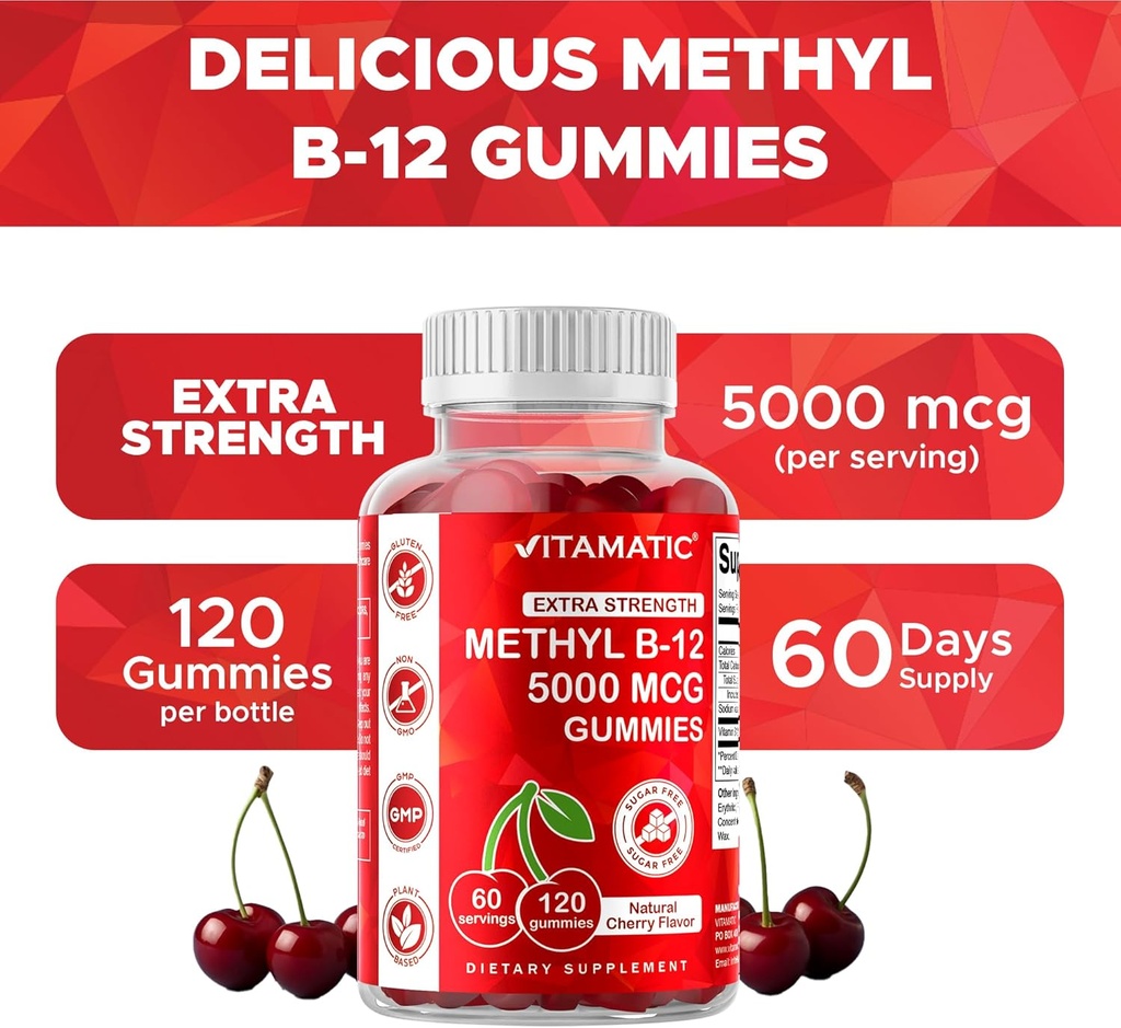 Vitamatic Extra Strength Vitamin B12 5000 mcg (Methyl B12) Gummies - 120 Count - Energy Metabolism Support and Nervous System Health Support, Natural Cherry Flavored (1) 5