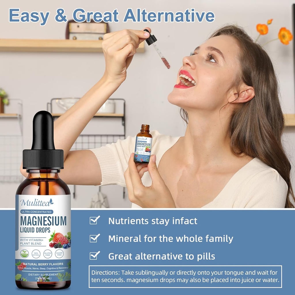 Magnesium Glycinate Liquid Drop - Triple Absorption Supplement to Support Nerves, Sleep, Calm, Heart, Muscles * -Sugar-Free with Potassium, L-Theanine, Sea Moss，Vitamin B,C,D3, K2-1Pack 6