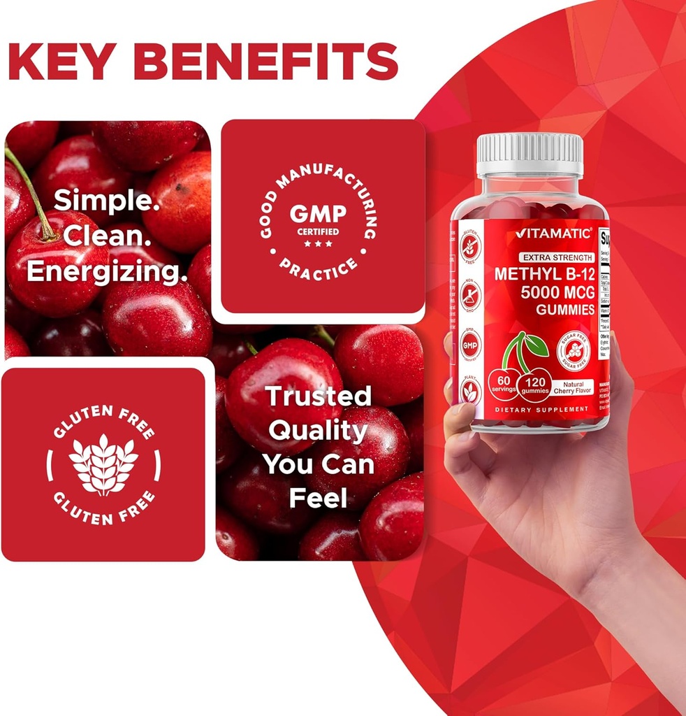 Vitamatic Extra Strength Vitamin B12 5000 mcg (Methyl B12) Gummies - 120 Count - Energy Metabolism Support and Nervous System Health Support, Natural Cherry Flavored (1) 6