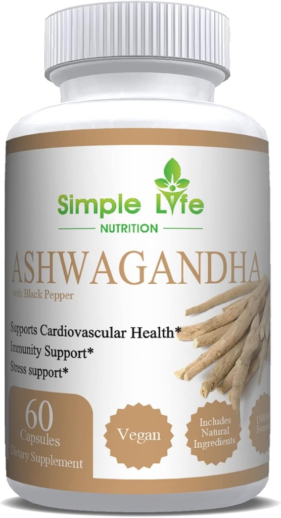 Organic Ashwagandha - Max Strength 1300MG Vegan Capsules - 100% Pure Non GMO Root Powder with Natural Black Pepper 60CT 2