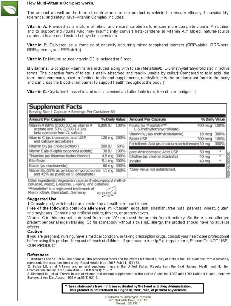 Multi-Vitamin Complex | Once Daily Multivitamin Supplement with Folate as Metafolin L-5-MTHF B12 as Methylcobalamin Vitamin A C D3 and more| Enhanced Absorption & Bioavailability | 60 Vegetarian Caps 5