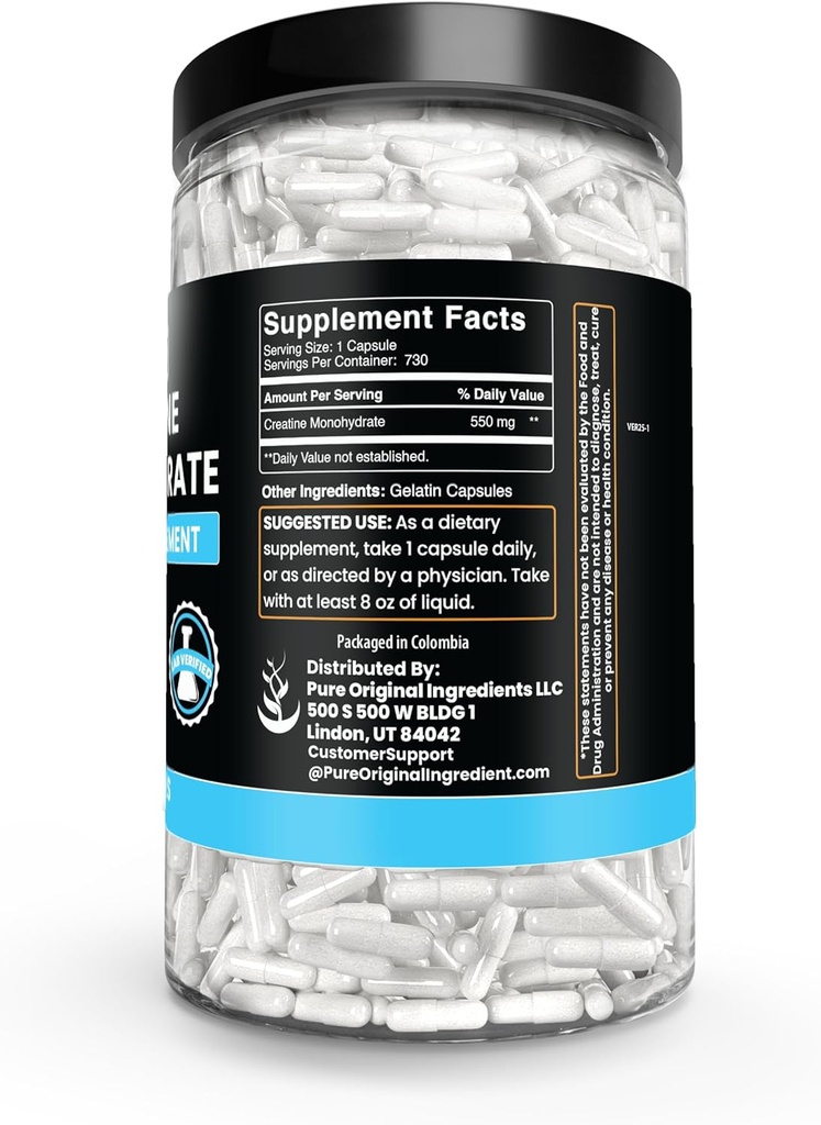 PURE ORIGINAL INGREDIENTS Creatine Monohydrate (365 Capsules) No Magnesium Or Rice Fillers, Always Pure, Lab Verified 4