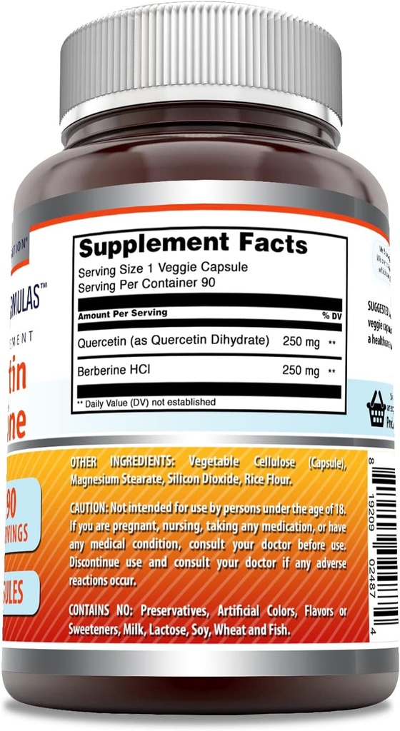 Amazing Formulas Quercetin Berberine - 250mg Berberine and 250mg Quercetin, 90 Veggie Capsules Supplement | Non-GMO | Gluten Free | Made in USA | Ideal for Vegetarians 4