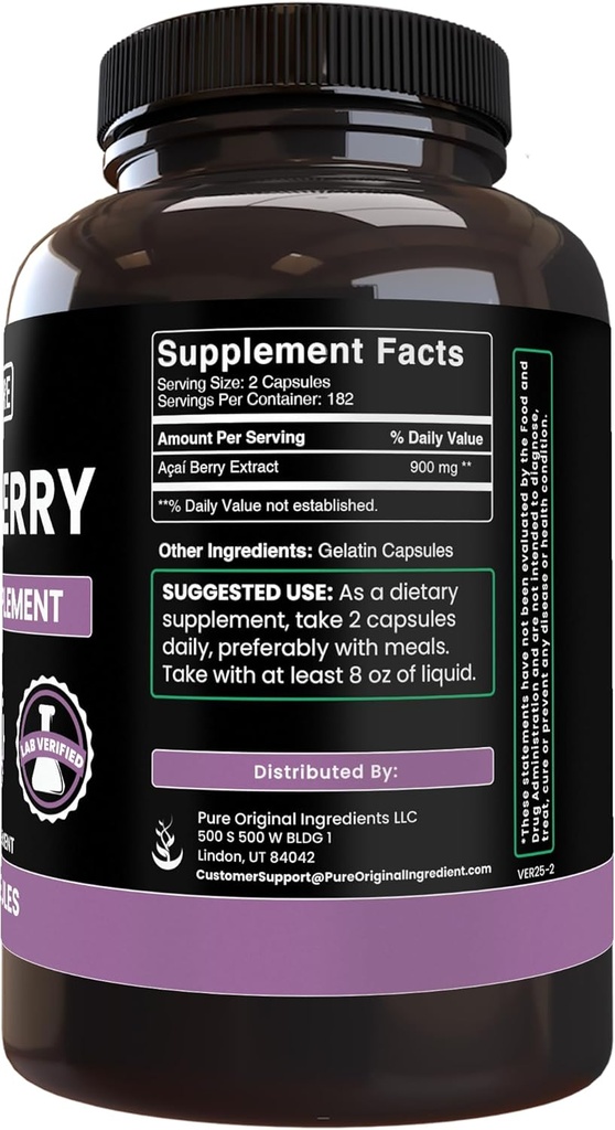 PURE ORIGINAL INGREDIENTS Acai Berry (100 Capsules) No Magnesium Or Rice Fillers, Always Pure, Lab Verified 3