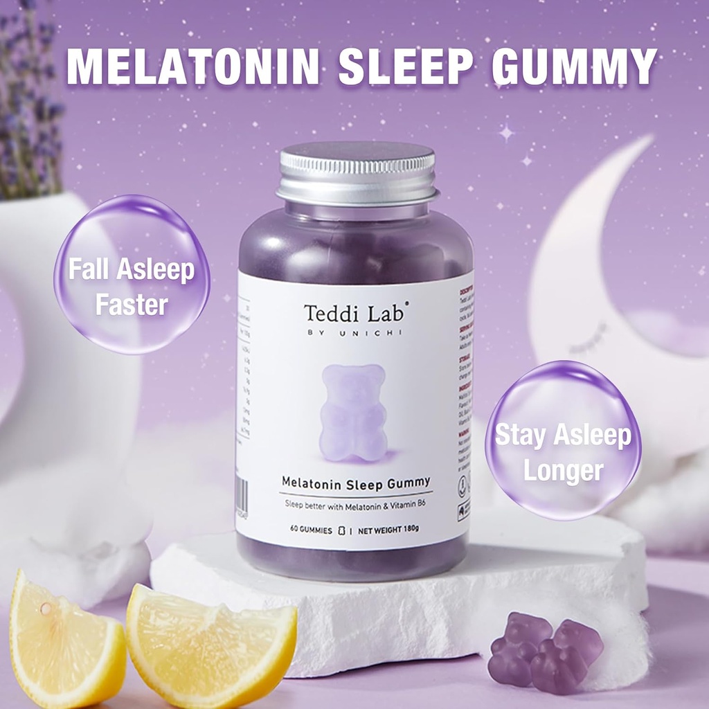 Unichi Melatonin Gummy, Scientifically Formulated with 3mg of Melatonin and 4mg of Vitamin B6 for Enhanced Sleep Quality, 0 Sugar, Gluten-Free, Non-GMO, Great-Tasting Lemon Lavender Flavour, 60 Count 4