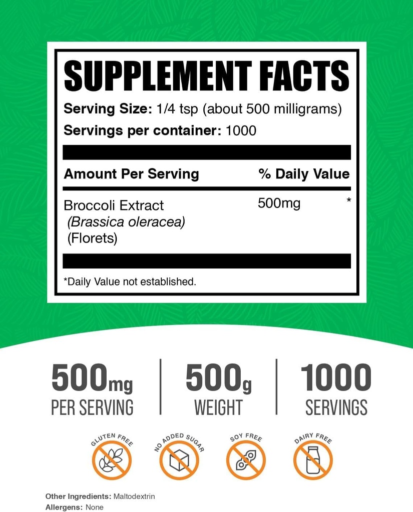 BulkSupplements.com Broccoli Extract Powder - from Broccoli Florets, Sulforaphane Supplement - Vegan & Gluten Free, 500mg per Serving, 500g (1.1 lbs) (Pack of 1) 3