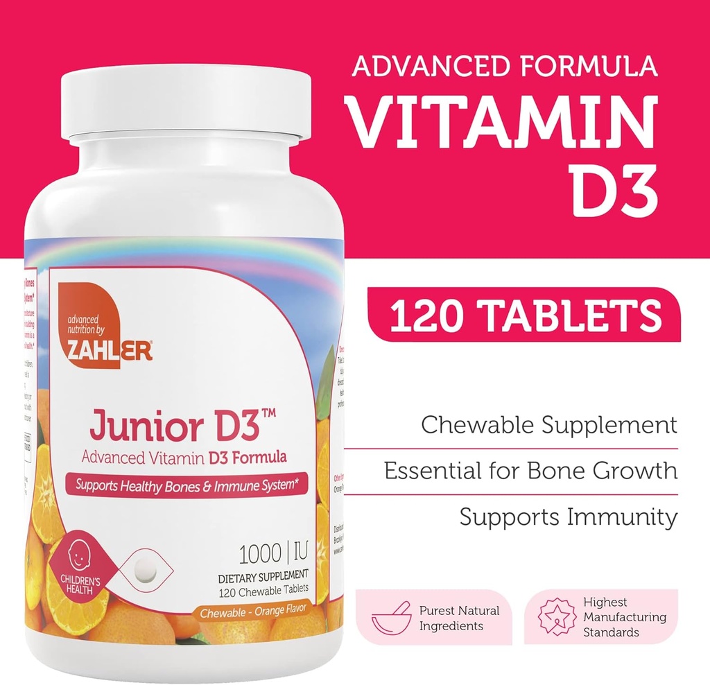 Zahler Junior D3 Vitamins 1000 IU - for Kids - Vitamin D for Kids to Support Bone, Teeth & Immune Health - Kosher Orange Flavor - 120 Count. 3