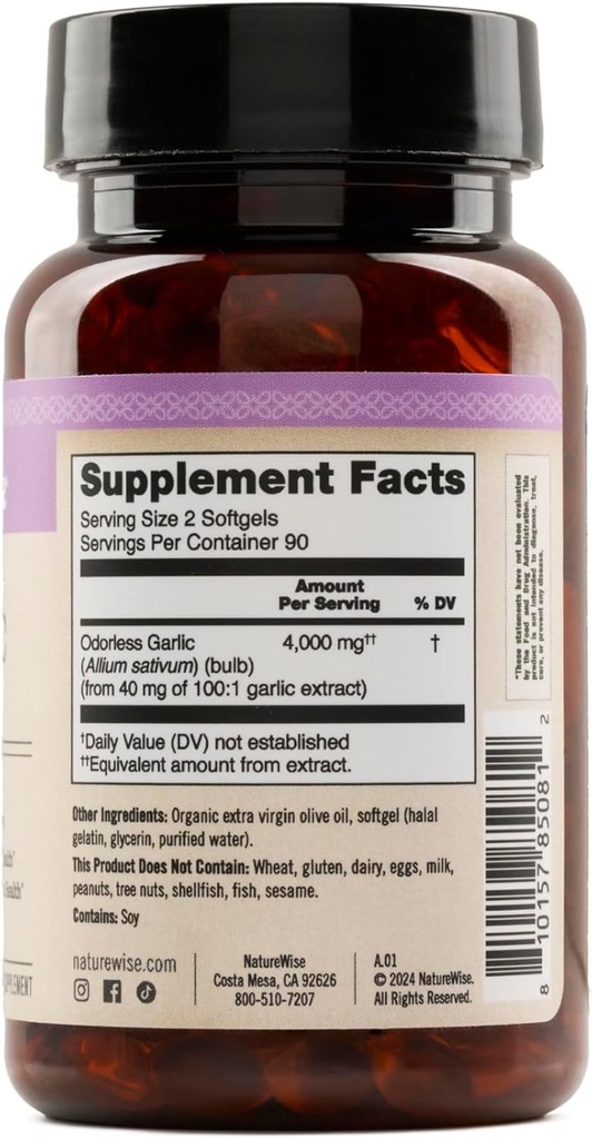 NatureWise Odorless Garlic Supplement 4000mg - Ultra Potent 100:1 Extract - Healthy Cholesterol Formula, Heart Health Support - Non-GMO, Gluten Free, with Halal Gelatin - 180 Count[90-Day Supply] 4