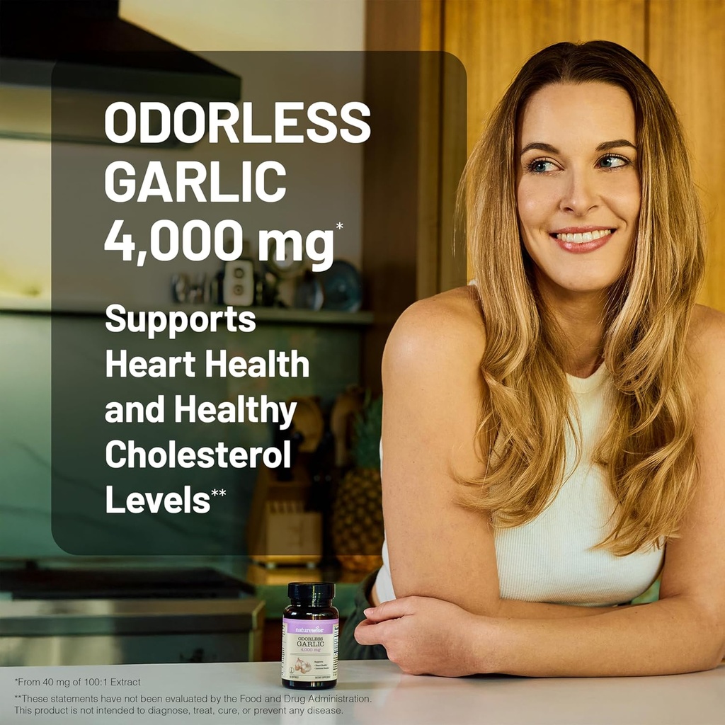 NatureWise Odorless Garlic Supplement 4000mg - Ultra Potent 100:1 Extract - Healthy Cholesterol Formula, Heart Health Support - Non-GMO, Gluten Free, with Halal Gelatin - 180 Count[90-Day Supply] 5