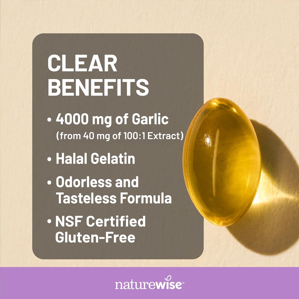 NatureWise Odorless Garlic Supplement 4000mg - Ultra Potent 100:1 Extract - Healthy Cholesterol Formula, Heart Health Support - Non-GMO, Gluten Free, with Halal Gelatin - 180 Count[90-Day Supply] 6