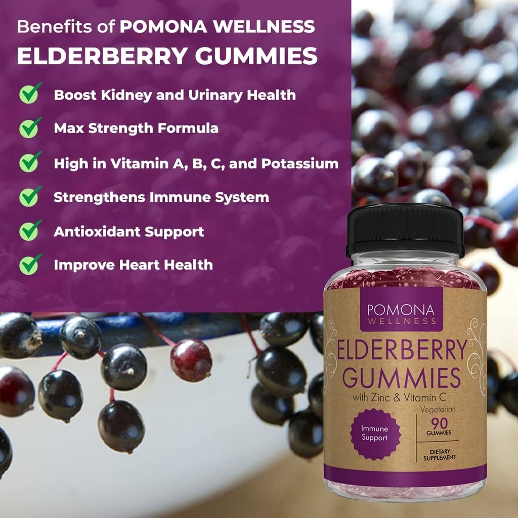 Pomona Wellness Elderberry Gummies with Zinc and Vitamin C for Immune Support 3-1 Chewable Black Elderberry Gummy Supplement for Kids and Adults, Vegan, 90 Gummies 3