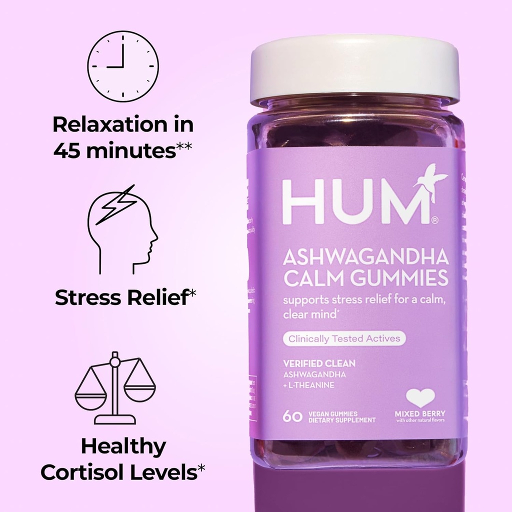 HUM Calm Ashwagandha Gummies for Women and Men, L-Theanine Ashwagandha Supplements for Daily Relaxation & Clarity Support, Vegan Fast Acting Gummy Formula, Mixed Berry Flavor, 60 Gummies 3