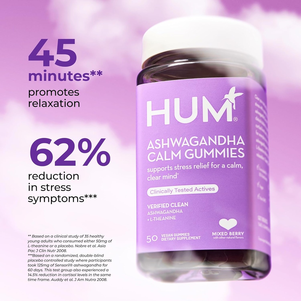 HUM Calm Ashwagandha Gummies for Women and Men, L-Theanine Ashwagandha Supplements for Daily Relaxation & Clarity Support, Vegan Fast Acting Gummy Formula, Mixed Berry Flavor, 60 Gummies 4