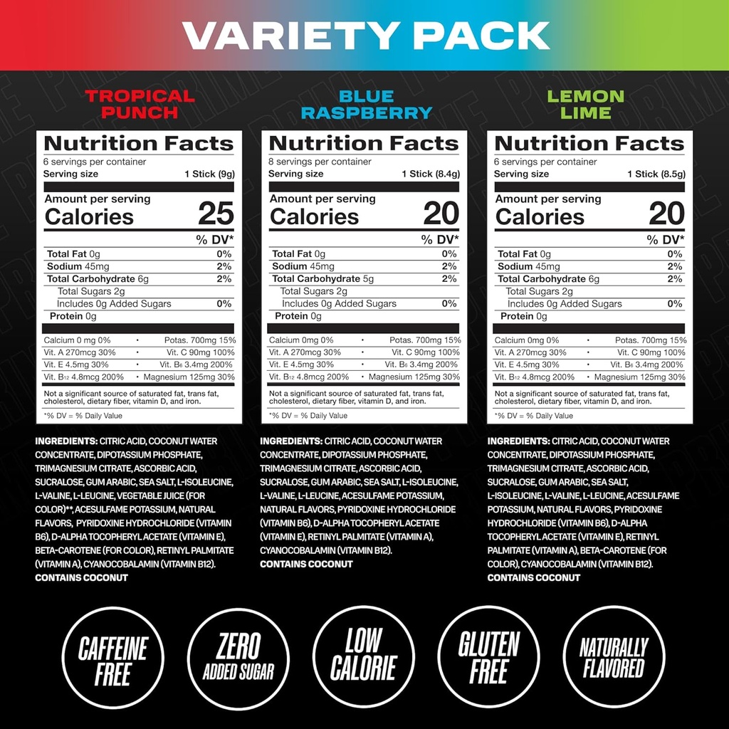 PRIME HYDRATION+ Sticks VARIETY PACK | Hydration Powder Single Serve | Electrolyte Powder On The Go | Low Sugar | Caffeine-Free | Vegan | 20 Sticks 3