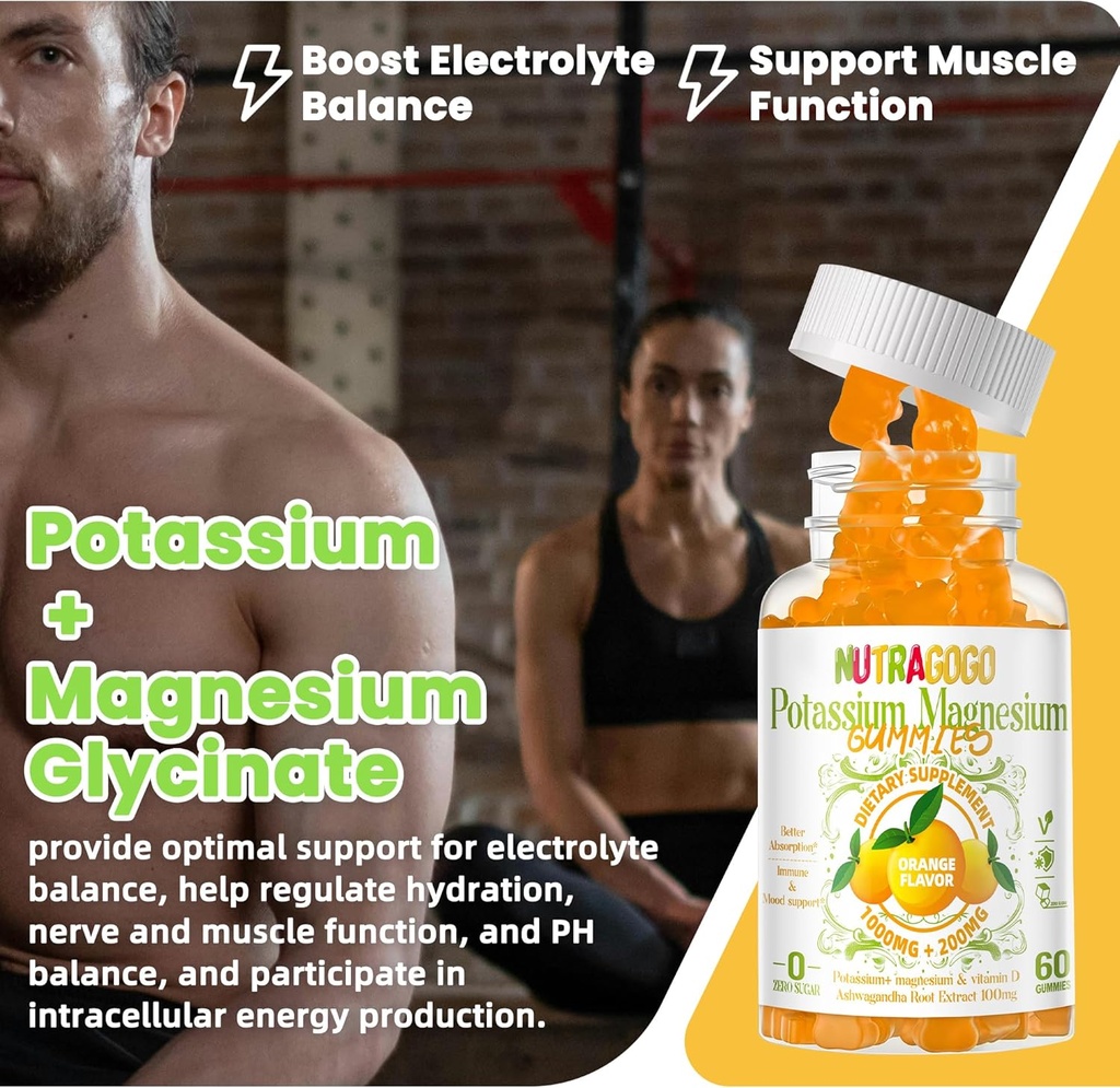 Potassium Magnesium Gummies,Potassium Supplement w/Ashwagandha,High Absorption Magnesium Glycinate,B6,D3,Potassium Citrate for Leg Cramps,Muscle,Electroyte for Adults Kids,Sugar-Free, 60 Gummies 4