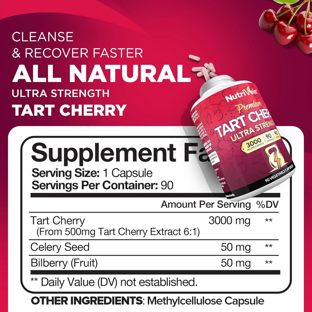 Nutrivein Premium Tart Cherry 500mg & Apple Cider Vinegar 1600mg Bundle - Muscle Recovery & Uric Acid Cleanse Plus Digestion Support & Weight Management - Non-GMO, Vegan/Vegetarian - 90 + 120 Pills 3