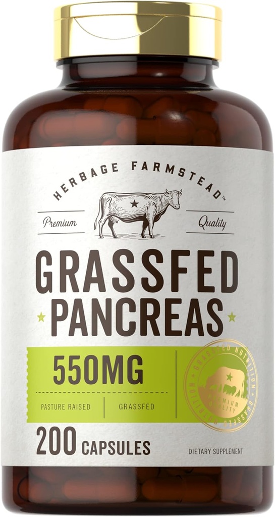 Carlyle Grass Fed Beef Pancreas | 550mg | 200 Capsules | Desiccated Pasture Raised Bovine Supplement | Non-GMO, Gluten Free | by Herbage Farmstead 2