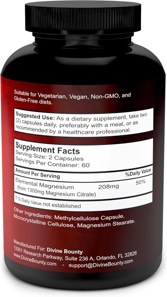 Pure Magnesium Citrate Capsules - 1300mg Magnesium Supplement with Elemental Magnesium - 120 Vegetarian Capsules 3