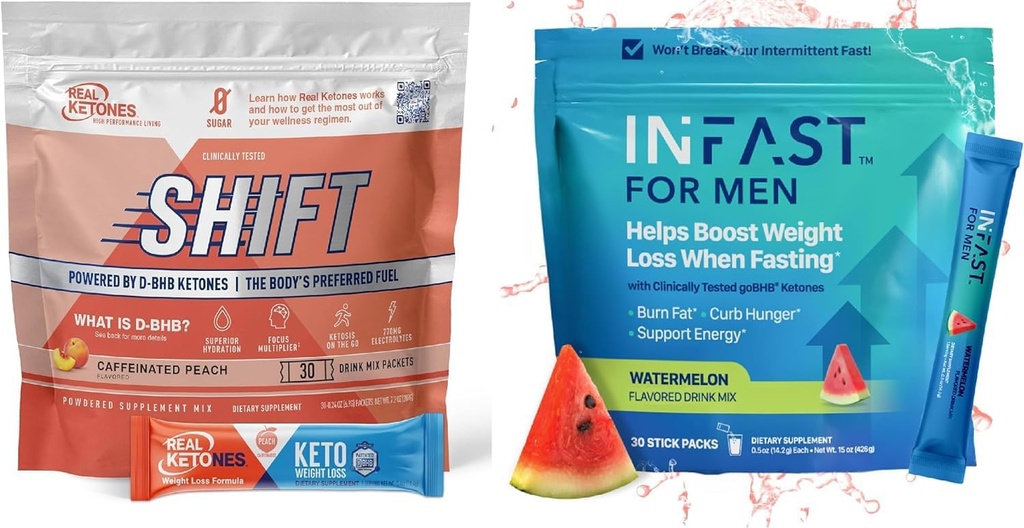 Real Ketones Intermittent Fasting Drink Mix Bundle for Weight Loss Support Caffeine Peach Shift Electrolytes & Intermittent Fasting Electrolytes for Men with BHB Exogenous Ketones (30 Count Each) 2