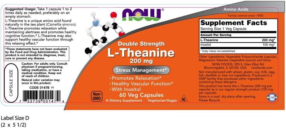NOW Foods L-Theanine 200 mg, 60 Vegetable Capsule (2 Pack) 3