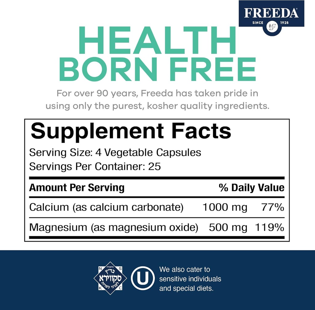 Freeda Super Cal/Mag – Kosher Vegan Bone Health Supplement – Supports Bone Strength, Nerve Function & Muscle Relaxation – Vegetarian Calcium Magnesium Capsules – Third-Party Tested – 250 Capsules 4