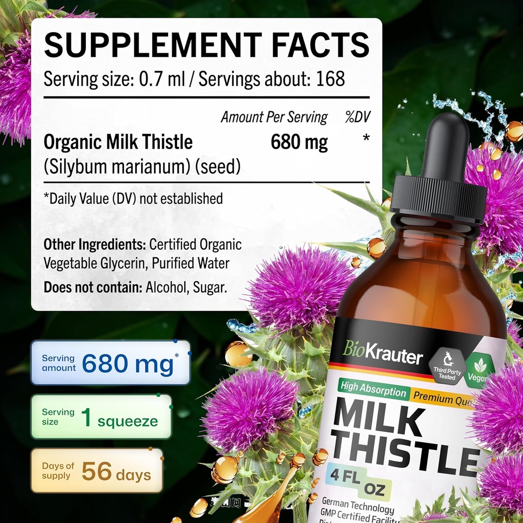BIO KRAUTER Milk Thistle Extract Liquid - Silymarin Milk Thistle Supplement - Vegan, Alcohol & Sugar Free Liver Cleanse Detox Drops - 4 fl oz 4