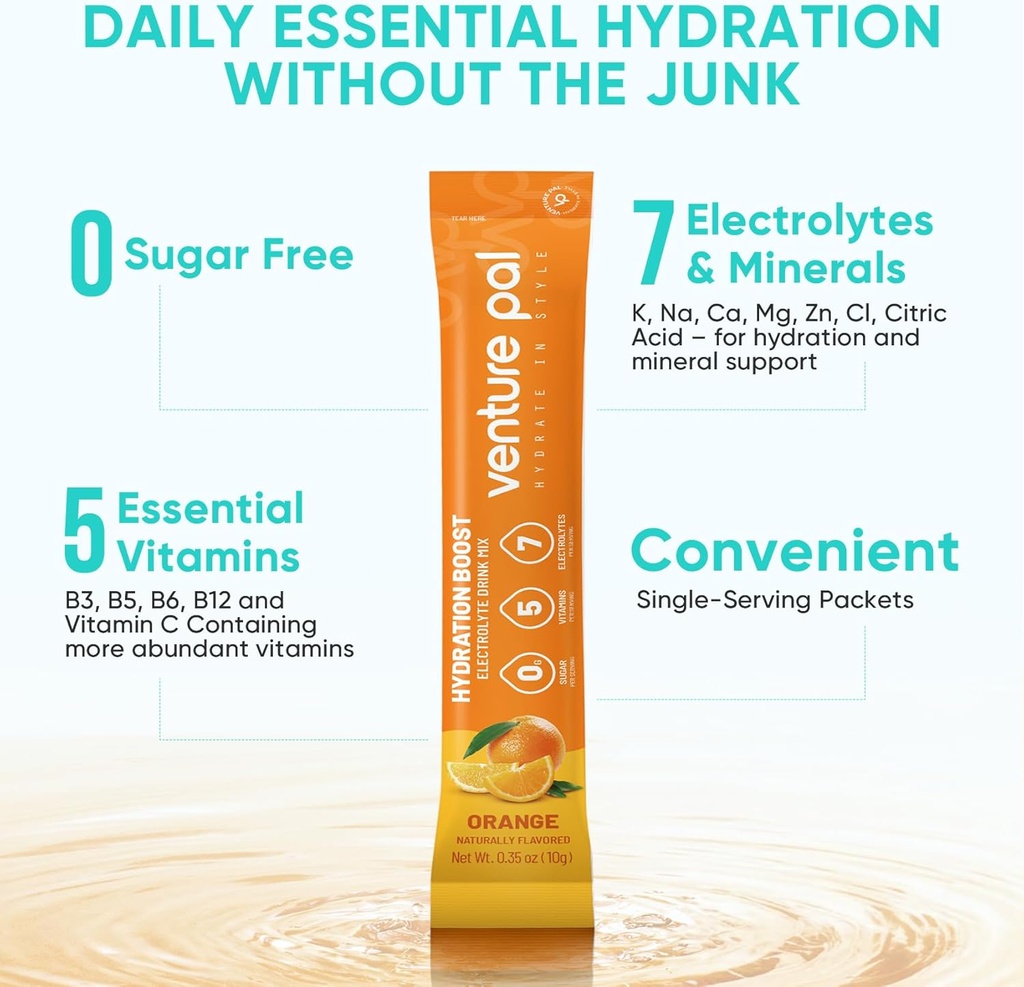 Venture Pal Sugar Free Electrolyte Powder Packets - Liquid Daily IV Drink Mix for Rapid Hydration & Party Recovery | 5 Vitamins & 7 Electrolytes| Keto Friendly | Non-GMO | Certified Vegan | 16 Sticks 5