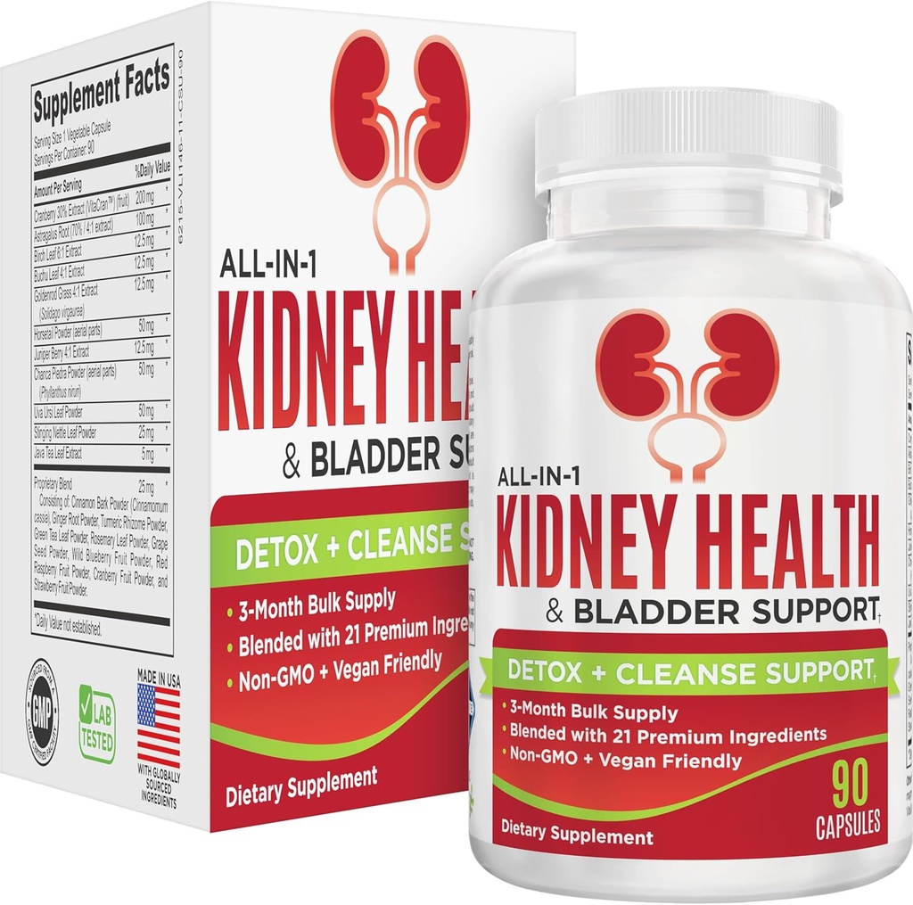 Kidney & Bladder (3-Month) Health Support Supplement | All-in-1 Urinary Tract Supplements with 21 Active Ingredients | Kidney Cleanse Detox Support Nutrients | 90-Day Bulk Supply | 90 Capsules 2