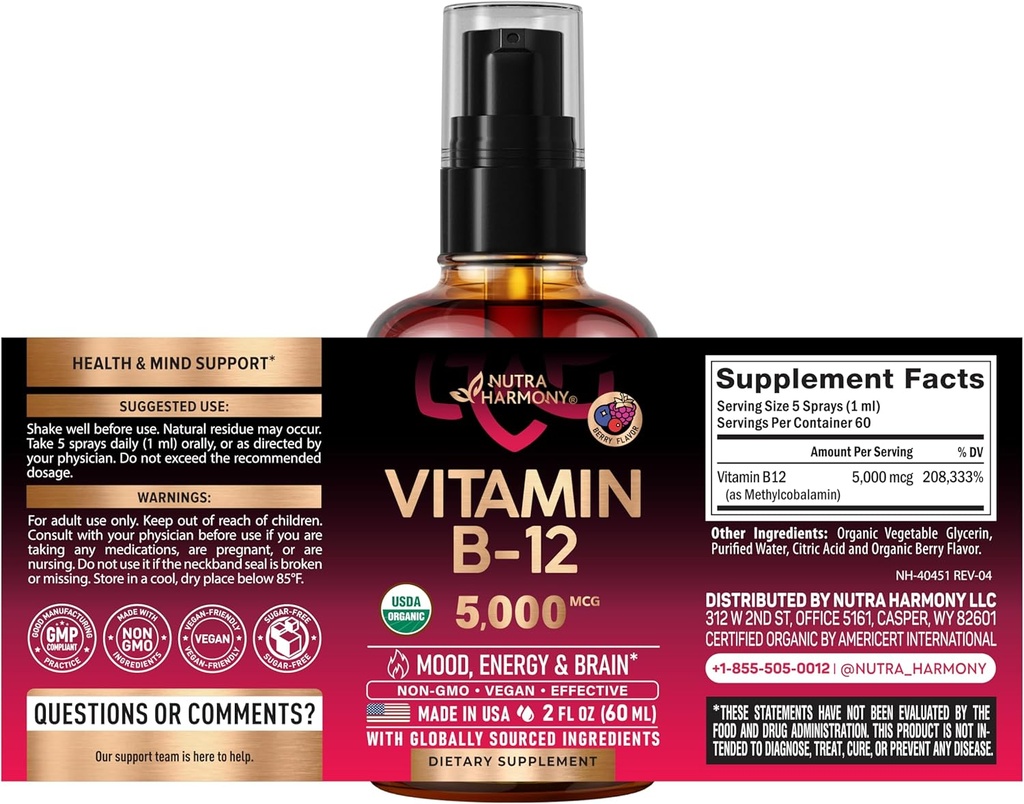 USDA Organic Vitamin B12 Sublingual Spray - 5000 mcg Liquid Vegan Methylcobalamin for Women & Men - Energy Boost, Focus & Mood, Brain Health Support - Maximize Absorption - 2 Month Supply, 2 fl oz 3