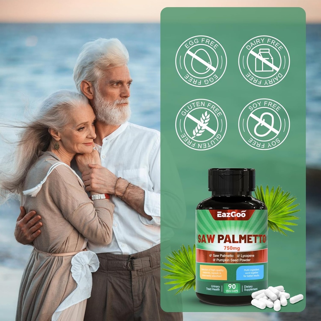 Saw Palmetto Supplement, Saw Palmetto Extract 750mg, with Lycopene, Pumpkin Seed Powder, for Men and Women,Non-GMOs & Gluten, Vegan, 90 Count Capsules（Pack of 2） 6