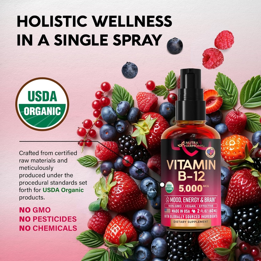 USDA Organic Vitamin B12 Sublingual Spray - 5000 mcg Liquid Vegan Methylcobalamin for Women & Men - Energy Boost, Focus & Mood, Brain Health Support - Maximize Absorption - 2 Month Supply, 2 fl oz 5