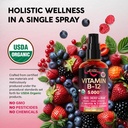 USDA Organic Vitamin B12 Sublingual Spray - 5000 mcg Liquid Vegan Methylcobalamin for Women & Men - Energy Boost, Focus & Mood, Brain Health Support - Maximize Absorption - 2 Month Supply, 2 fl oz 5