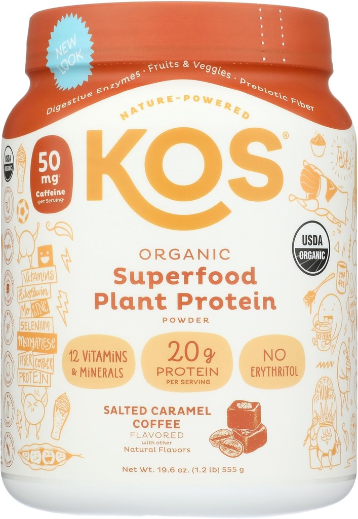 KOS Vegan Protein Powder, Salted Caramel Coffee - Low Carb Pea Protein Blend, Organic Plant Superfood Rich in Vitamins & Minerals - Keto, Dairy Free - Meal Replacement for Women & Men - 15 Servings 5