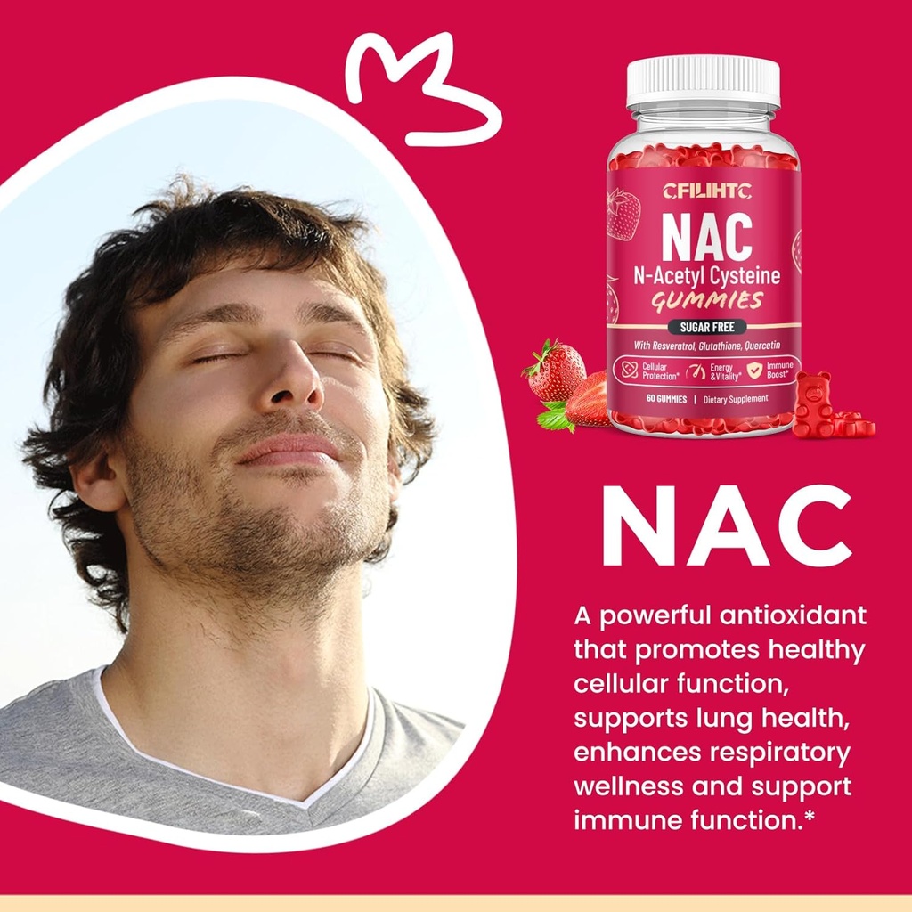 NAC Gummies 600mg, N Acetyl Cysteine Supplement with Glutathione, Resveratrol, Magnesium, CoQ10, NAC Chewable for Antioxidants & Immune Support, Strawberry Flavor 60 Gummies 3