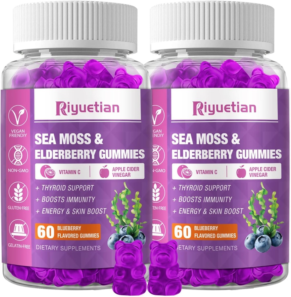 Sea Moss & Elderberry Gummies, Blueberry Flavored Gummy, Vitamins Sea Moss Supplements with Vitamin C + Zinc and Apple Cider Vinegar, Good Texture, Vegan-Friendly, 120 Count(Pack of 2) 2