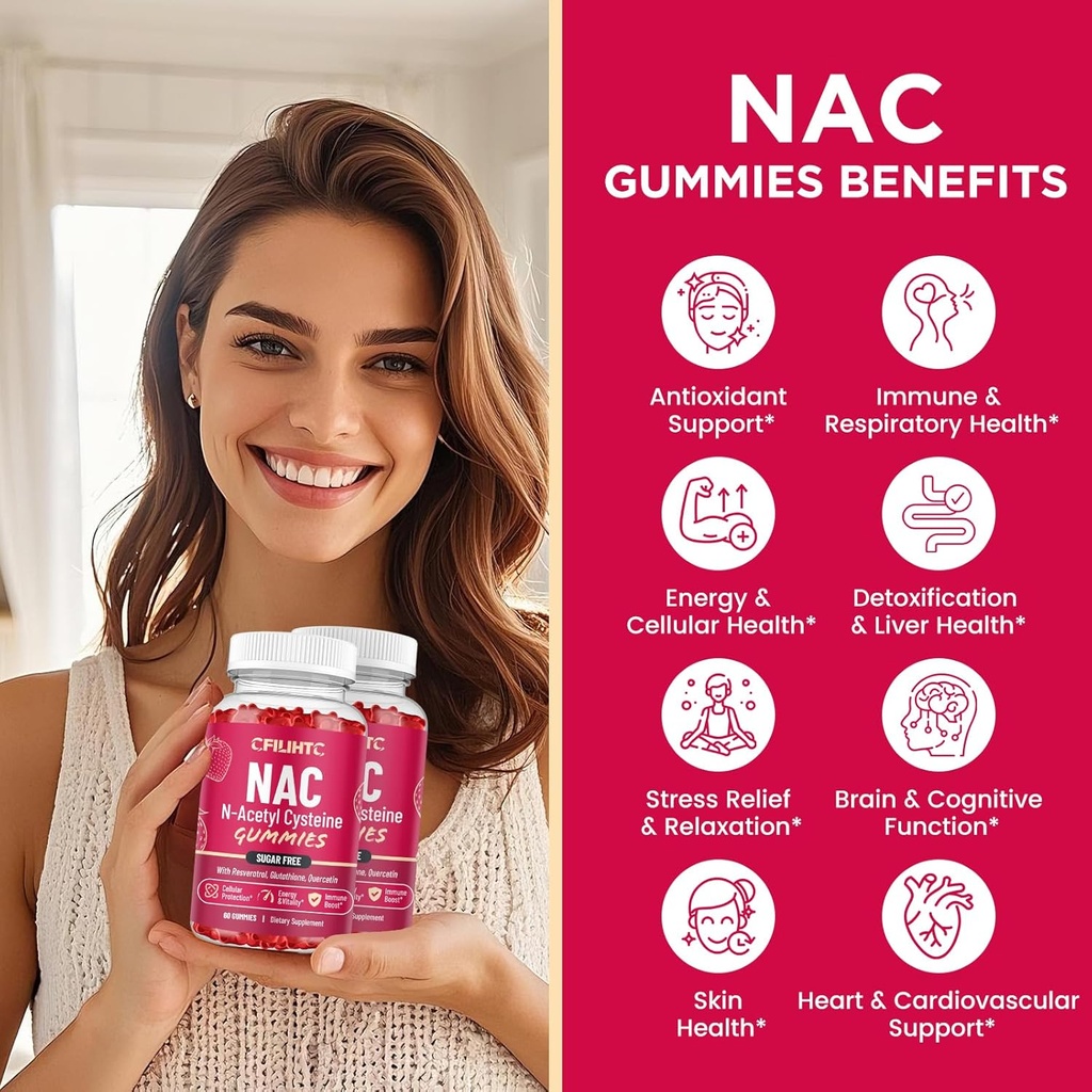 NAC Gummies 600mg, N Acetyl Cysteine Supplement with Glutathione, Resveratrol, Magnesium, CoQ10, NAC Chewable for Antioxidants & Immune Support, Strawberry Flavor 60 Gummies 4