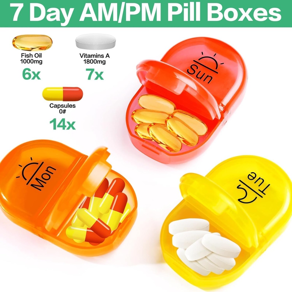 Serfeymi Weekly Travel Pill Organizer 2 Times A Day AM PM Upgraded Rainbow Pill Box 7 Day with Portable Zipper PU Leather Pill Case, Medicine Organizer for Pills, Vitamins, Fish Oils - Green-01 5