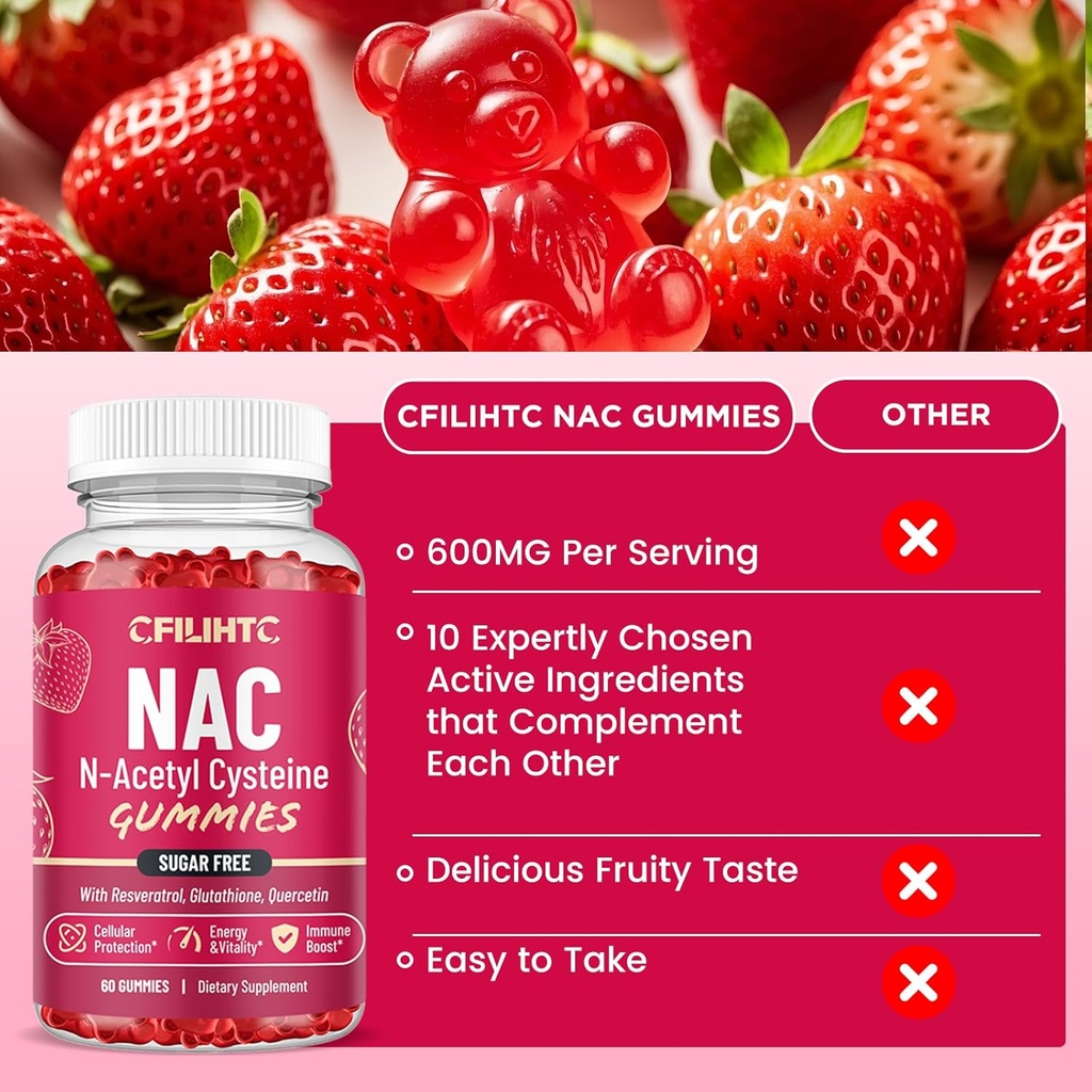 NAC Gummies 600mg, N Acetyl Cysteine Supplement with Glutathione, Resveratrol, Magnesium, CoQ10, NAC Chewable for Antioxidants & Immune Support, Strawberry Flavor 60 Gummies 5