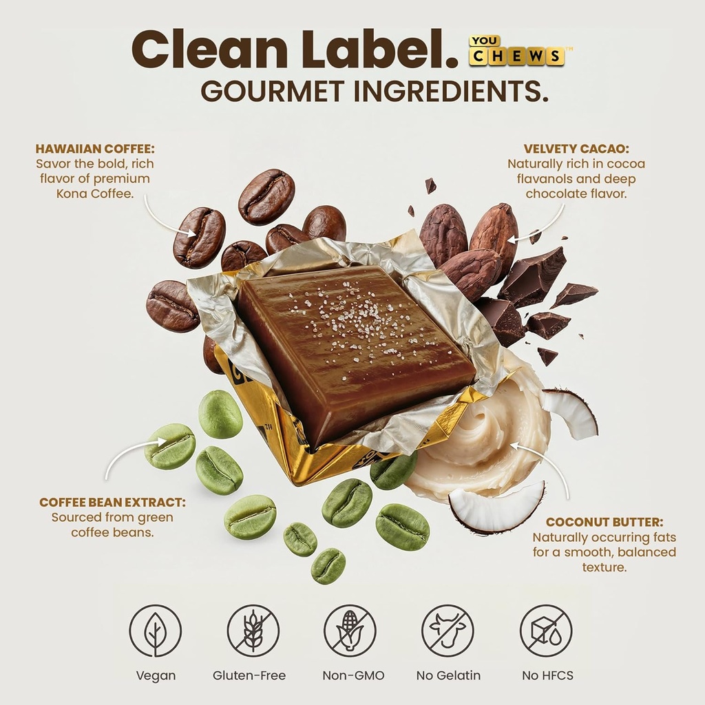 YouChews Coffee Chews - Grab & Go Energy with 100mg per Chew of Clean, Green Caffeine. With Real Organic Ingredients, Low Sugar, Great Bold Taste & Long Lasting Energy Boost (30 Chews Pack) 5