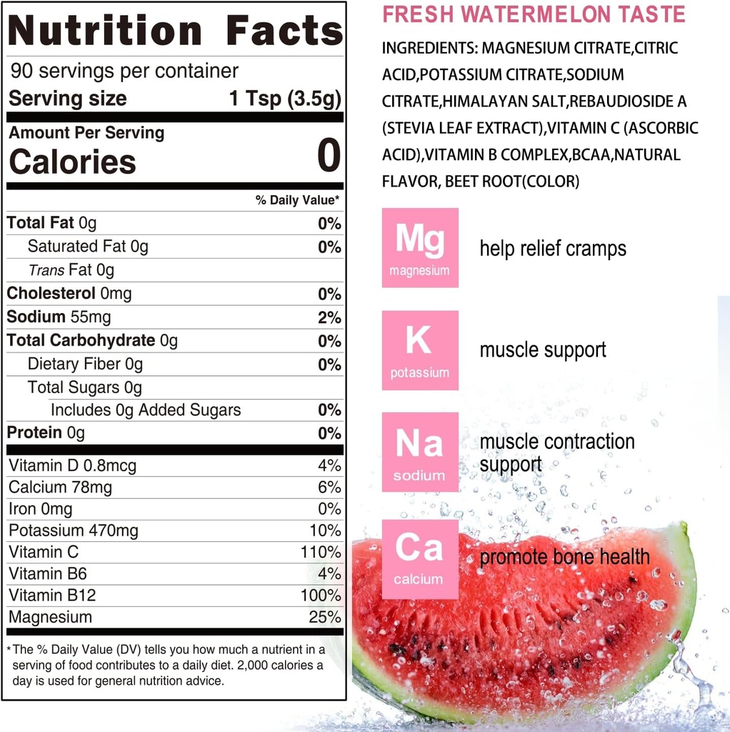 Electrolytes Powder No Sugar, Fresh Watermelon Electrolyte Powder, Hydration Powder, Enhanced with Himalayan Salt, BCAAs, and B-Vitamins, No Calories, Sugar Free Keto Electrolyte Drink - 90 Servings 3