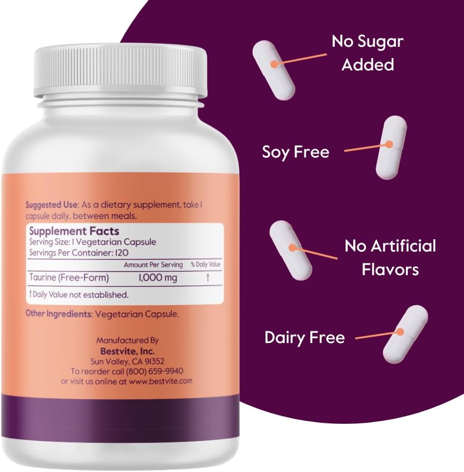BESTVITE Taurine 1000mg (120 Vegetarian Capsules) - No Stearates - No Fillers - No Flow Agents - Vegan - Non GMO - Gluten Free 4