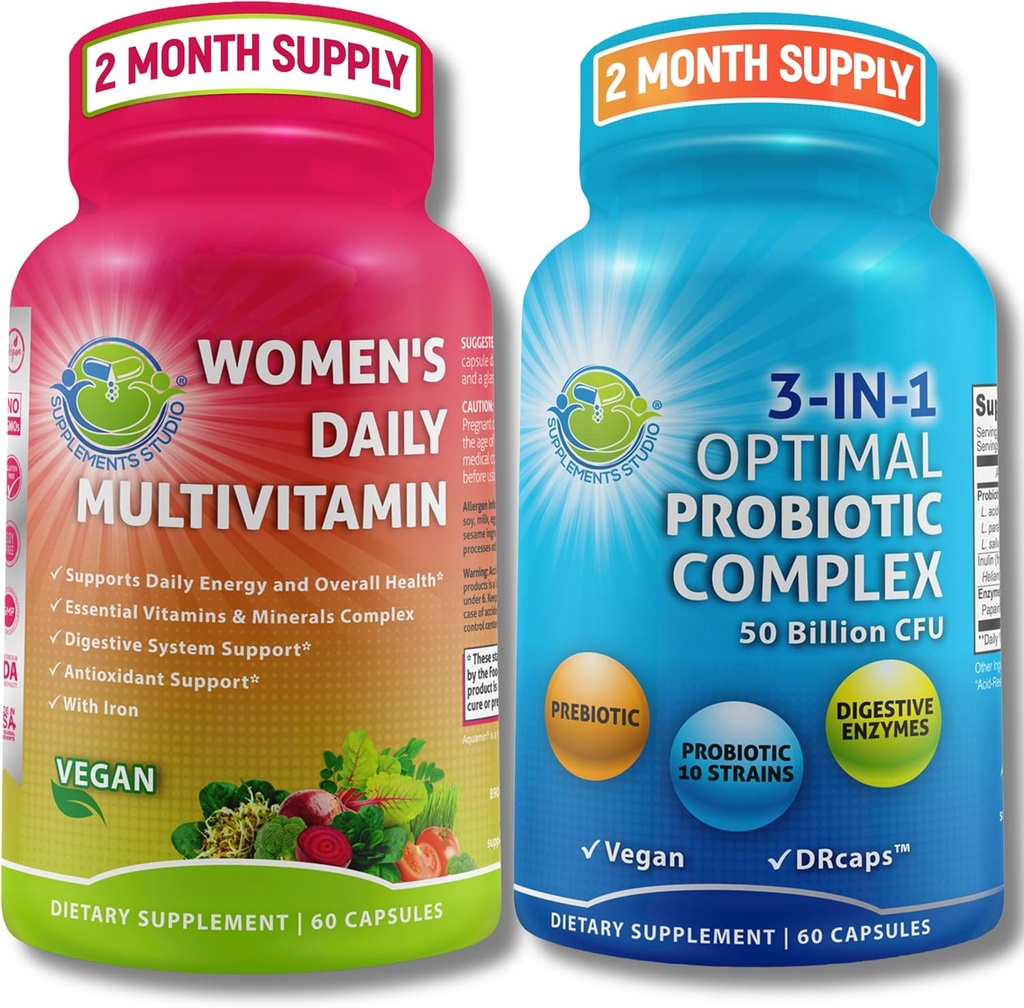 Women’s Multivitamin & Probiotic Support Bundle – 3-in-1 Probiotic with Digestive Enzymes & Prebiotic & Women’s Daily Multivitamin with Iron – Vegan, Non-GMO, Clean Daily Wellness Support 2