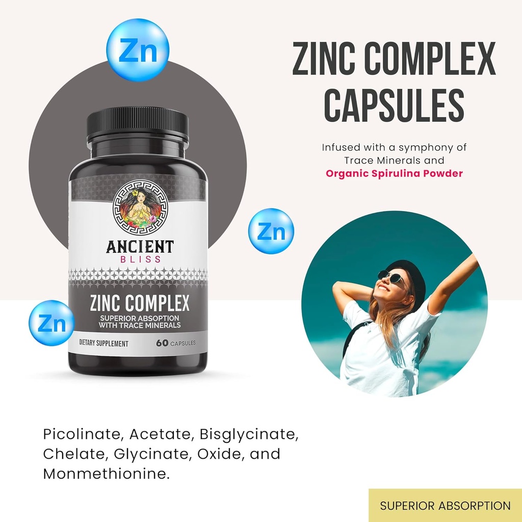 Zinc Complex Capsules with Enhanced Absorption, Antioxidant & Immune Support Supplement, Zinc Supplement for Men & Women by Ancient Bliss (60 Capsules) 3