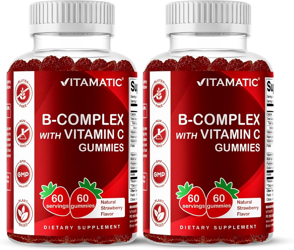 Vitamatic Vitamin B Complex Gummies with Vitamin C & Inositol - Natural Strawberry Flavor - 60 Gummies (2 Bottles) 2